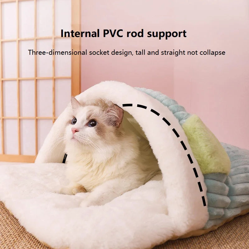 Lit chaud pour chat Sakura japonais Sac de couchage pour chat Sommeil profond Hiver Maison pour chien Nid pour chat Coussin avec oreiller Produits amovibles pour animaux de compagnie