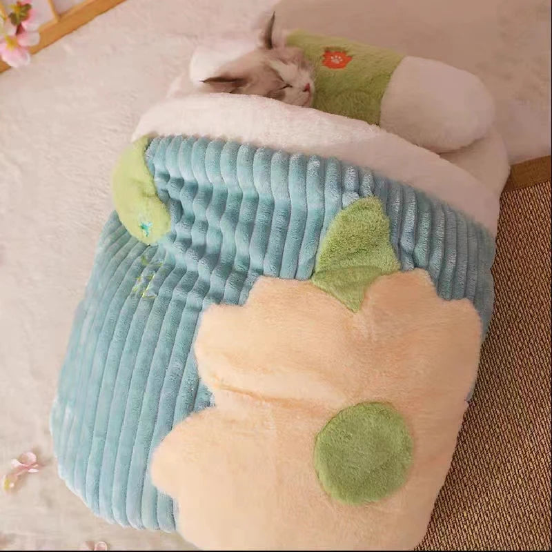 Lit chaud pour chat Sakura japonais Sac de couchage pour chat Sommeil profond Hiver Maison pour chien Nid pour chat Coussin avec oreiller Produits amovibles pour animaux de compagnie