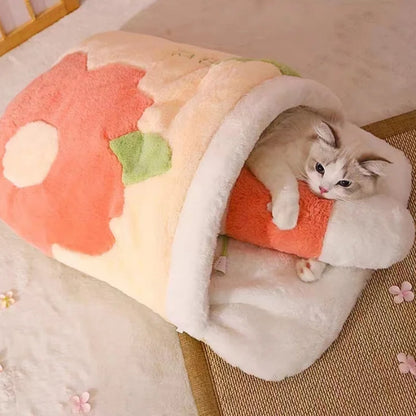 Lit chaud pour chat Sakura japonais Sac de couchage pour chat Sommeil profond Hiver Maison pour chien Nid pour chat Coussin avec oreiller Produits amovibles pour animaux de compagnie