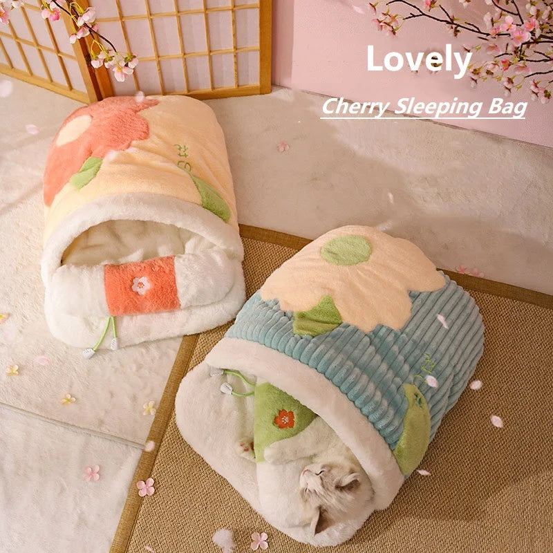 Lit chaud pour chat Sakura japonais Sac de couchage pour chat Sommeil profond Hiver Maison pour chien Nid pour chat Coussin avec oreiller Produits amovibles pour animaux de compagnie