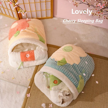 Lit chaud pour chat Sakura japonais Sac de couchage pour chat Sommeil profond Hiver Maison pour chien Nid pour chat Coussin avec oreiller Produits amovibles pour animaux de compagnie