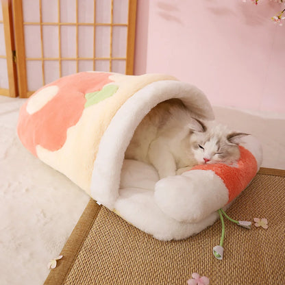 Lit chaud pour chat Sakura japonais Sac de couchage pour chat Sommeil profond Hiver Maison pour chien Nid pour chat Coussin avec oreiller Produits amovibles pour animaux de compagnie