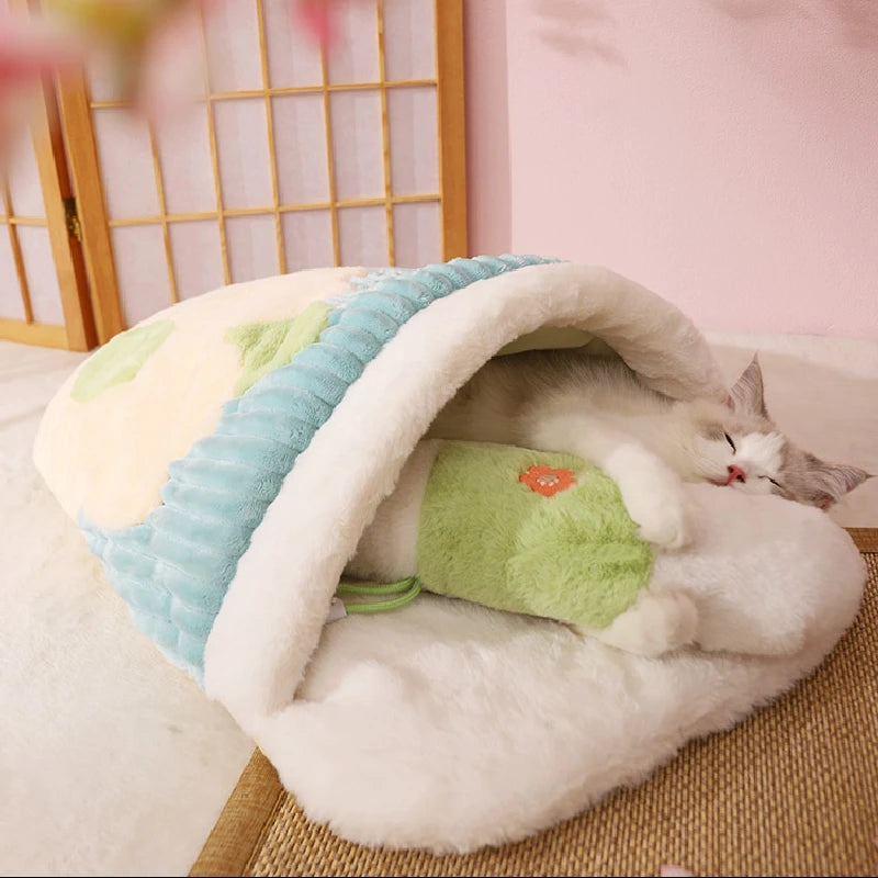 Lit chaud pour chat Sakura japonais Sac de couchage pour chat Sommeil profond Hiver Maison pour chien Nid pour chat Coussin avec oreiller Produits amovibles pour animaux de compagnie